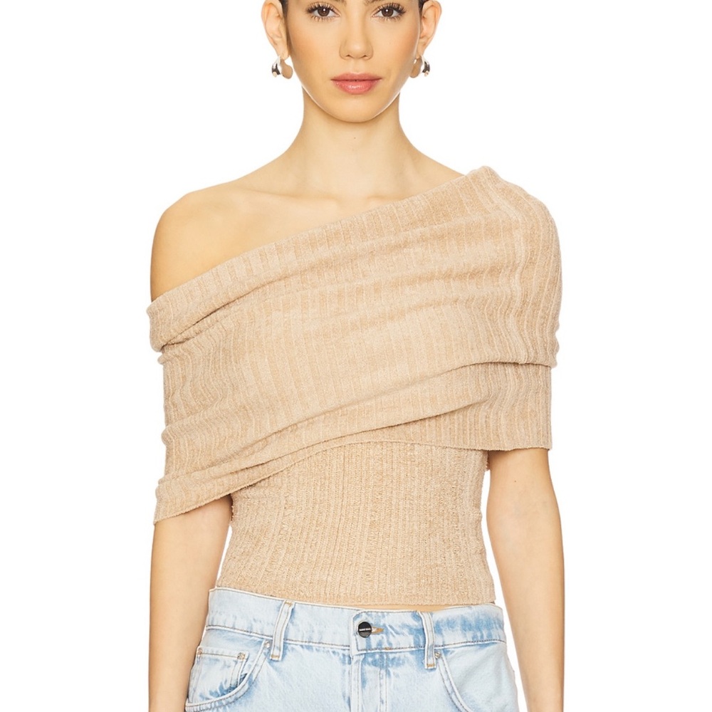 Lovers + Friends Taupe Ribbed Off-the-Shoulder Sweater Top